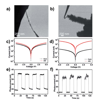 圖4：（a）（b）分別對應(yīng)CdS納米帶和CdS/ZnO異質(zhì)結(jié)安置在原位光學(xué)-光纖樣品桿中的TEM圖像。（c）（d）分別對應(yīng)CdS納米帶和CdS/ZnO異質(zhì)結(jié)I-V曲線的開關(guān)特性。（e）（f）分別對應(yīng)CdS納米帶和CdS/ZnO異質(zhì)結(jié)對周期性光信號的響應(yīng)特性。