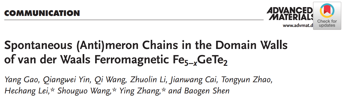 相關研究成果以“Spontaneous (Anti)meron Chains in the Domain Walls of van der Waals Ferromagnetic Fe5-xGeTe2”為題發(fā)表在《Adv. Mater.》上。